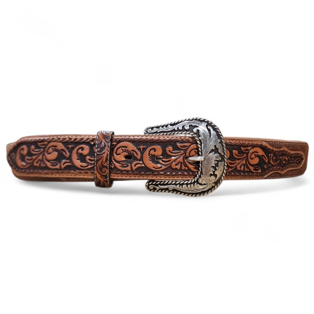 Tony Lama Western Tooled Leather Belt —Horse & Rider Buckle—Size 40—Made in USA